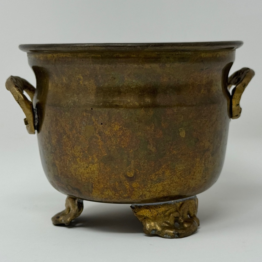 Vintage Brass Footed Planter Pot Ornate Handles Aged Patina 3"